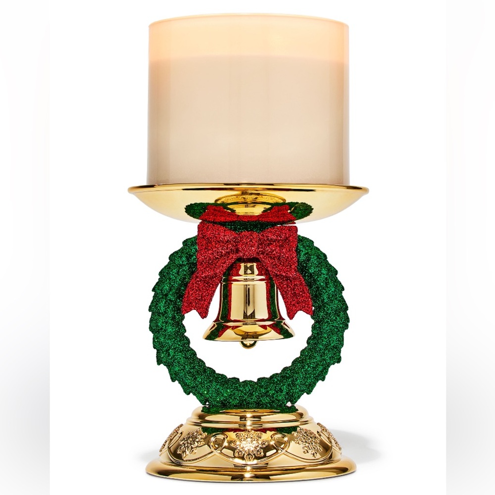 Christmas Wreath by B&BW, Green/Red/IM-Gold, Holiday Pedestal Candle Holder, NWT